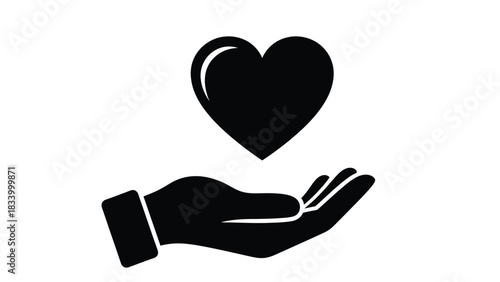 A solid black hand icon holds a glossy heart shape floating above it, symbolizing care, donation, or emotional support concept.