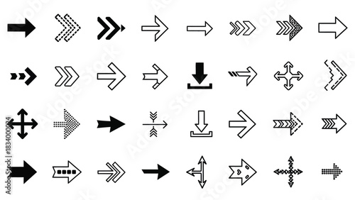 A dense grid displays numerous black and gray arrow icons illustrating diverse directions, movements, and interface controls.