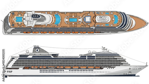 Top view and side view of a white cruise ship with blue pools