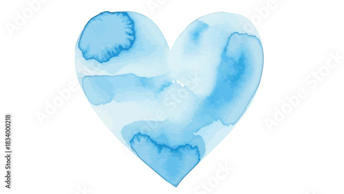 A single blue watercolor heart shape displays soft, blended tonal variations against a stark white background for artistic use.
