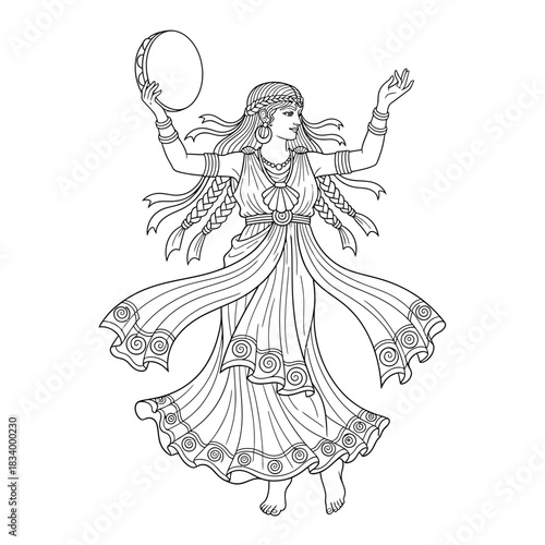 Greek Goddess Figure Dancing Energetically with a Tambourine Illustration