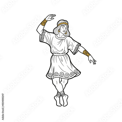 Greek Woman Dancing Freely with Arms Outstretched Line Art Illustration