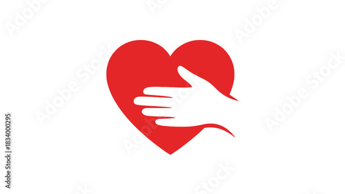 A white hand embraces a large solid red heart shape against a pure white background symbolizing care and affection.