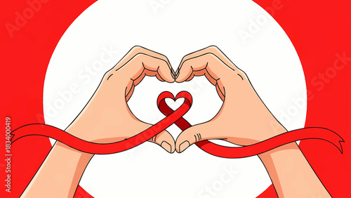 Hands Forming Heart Shape with Red Ribbon Symbol of Awareness and Support