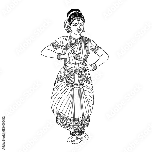 Indian Classical Dancer in Traditional Bharatanatyam Pose Line Art
