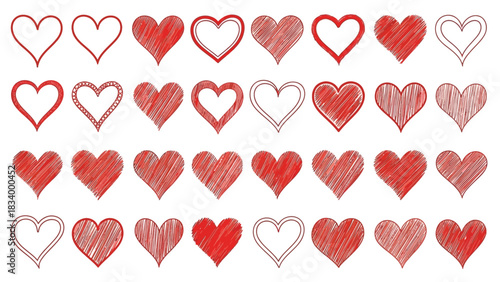 Thirty-two different red heart shapes, featuring both solid fills and outlines, are arranged in a grid pattern for romantic themes.
