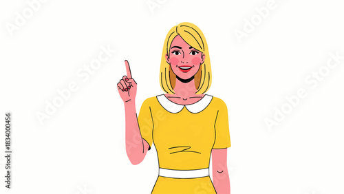 Smiling blonde woman in yellow dress pointing upwards conveying a bright idea or important notice