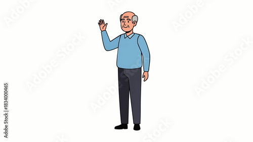 Friendly Senior Man Waving Hello Cartoon Style Isolated on White Background
