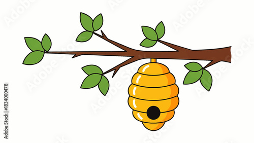 Hand Drawn Illustration of a Beehive Hanging from a Tree Branch with Green Leaves
