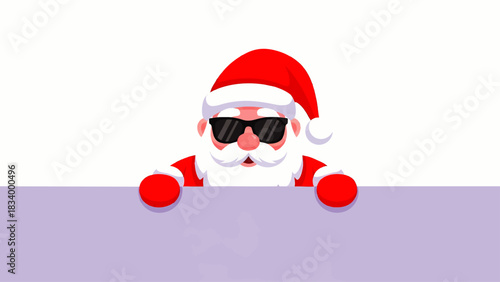 Cool Santa Claus in Sunglasses Peeking Over a Purple Surface with a Festive White Background, Perfect for Holiday Marketing, Cards, and Winter Celebrations