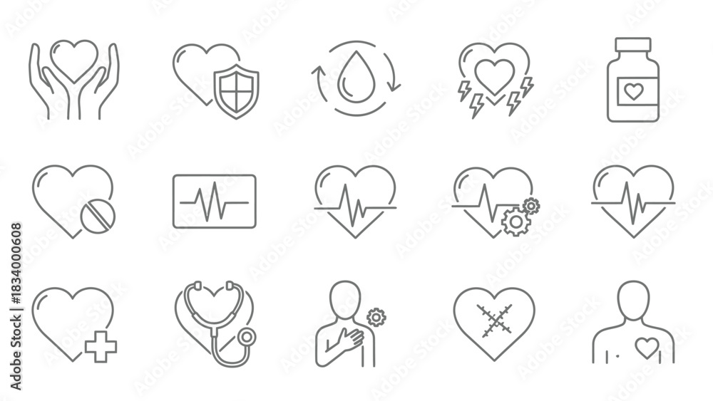 Fototapeta premium A collection of thin line icons depicts various concepts related to cardiac health, cardiology, and medical care on a white background.