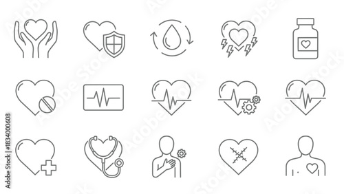 A collection of thin line icons depicts various concepts related to cardiac health, cardiology, and medical care on a white background.