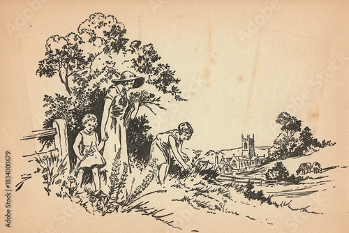 Vintage line illustration showing a young family picking flowers in the English countryside.