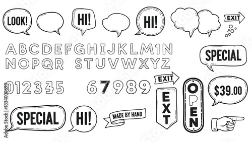 A detailed set of hand-drawn elements including various speech bubbles, uppercase letters, numbers, directional signs, and sale tags labeled 'SPECIAL' and 'HI!' on white.