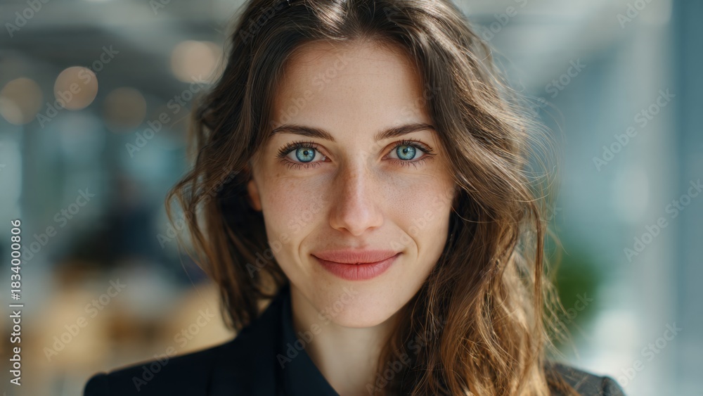Obraz premium Confident businesswoman smiling in modern office portrait photography soft natural light professional environment