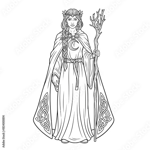 Line Art of a Mysterious Woman With Staff and Crowned Robe for Fantasy Coloring Page