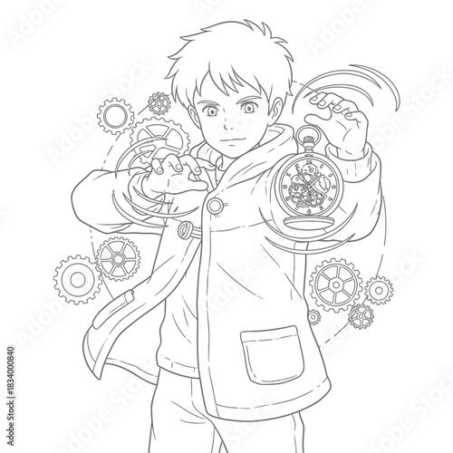 Whimsical Boy Character in Piko Taro Style Costume with Mechanical Gears Illustration