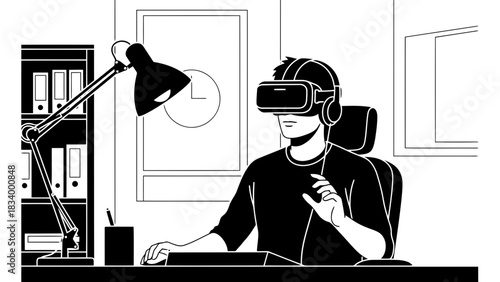 Man wearing virtual reality headset engaged in immersive digital experience