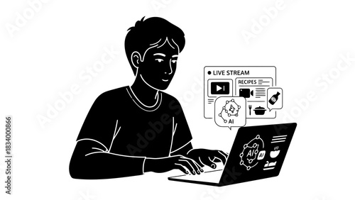Man using laptop for ai recipes and live stream content creation