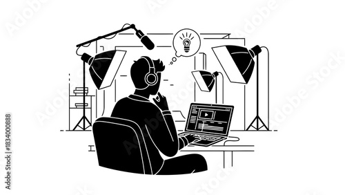 Content creator working on laptop with studio equipment and idea bulb