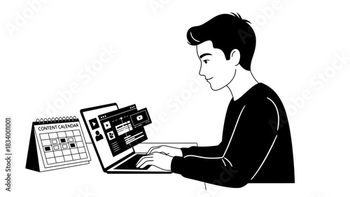 Man planning content strategy on laptop with calendar