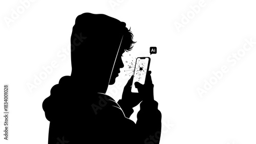 Silhouette of a person looking at a broken smartphone with ai symbol