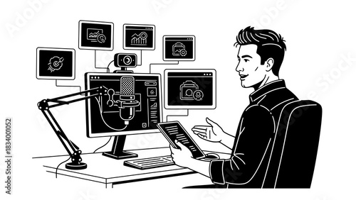 Man working at a desk with multiple monitors and a microphone