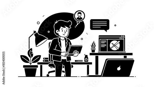 Man working on laptop at desk with plants and computer