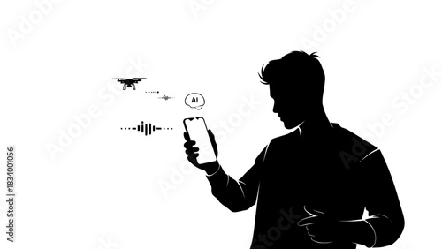 Man controlling drone with smartphone and ai