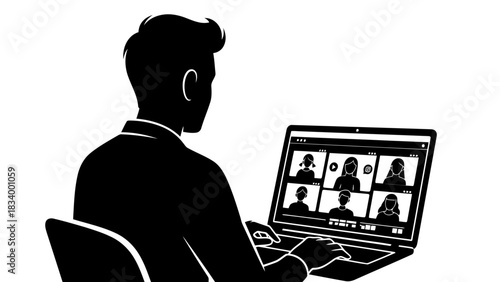 Man on a video call with multiple participants on his laptop screen