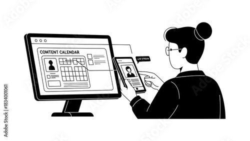 Woman managing content calendar and live stream on devices