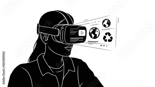 Person wearing vr headset interacting with virtual global and recycling icons