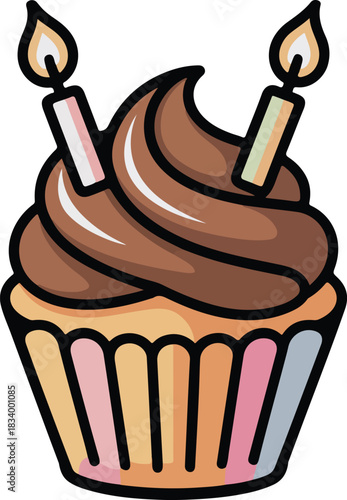 Delicious cupcake vector illustration featuring two lit birthday candles and rich chocolate frosting for a festive celebration