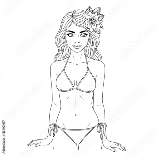 Line Art Illustration of a Sexy Girl in Bikini and Flower Crown in a Fashion Pose