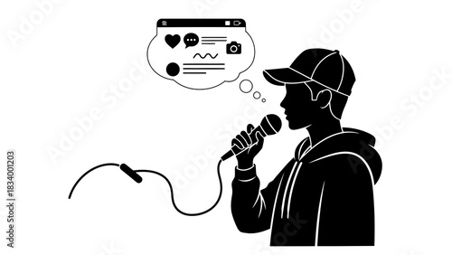 Man with microphone thinking about social media content