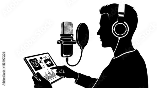 Silhouette of a person recording audio with a microphone and tablet
