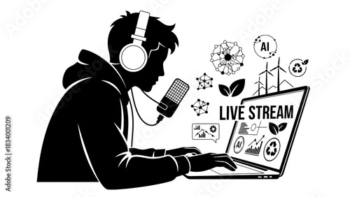 Young person live streaming with ai and green technology icons