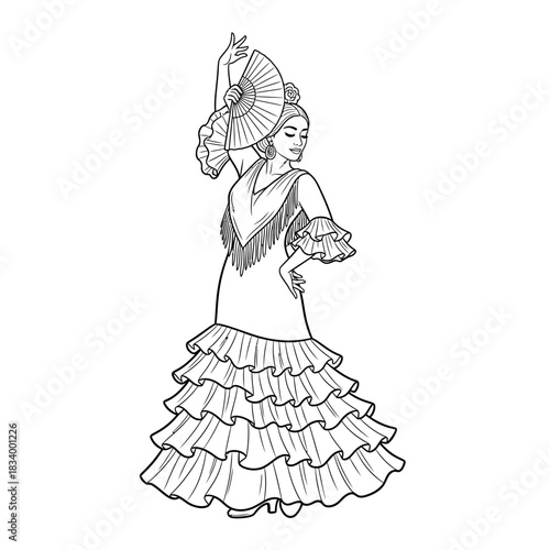 Spanish Dancer Woman With Traditional Fan in Passionate Flamenco Drawing
