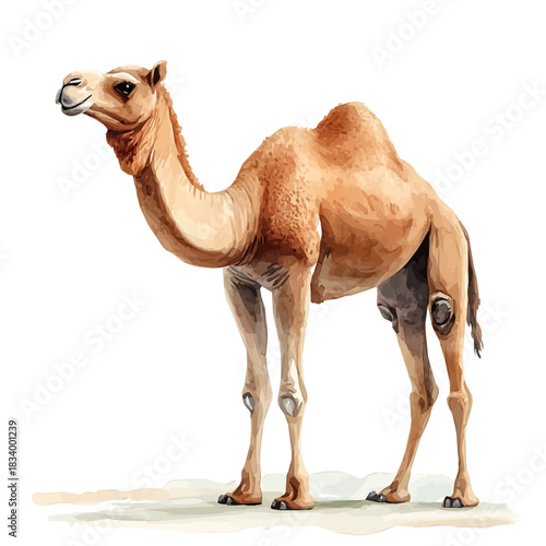 Dromedary Camel, soft hand-painted watercolor illustration, isolated on a white background.
