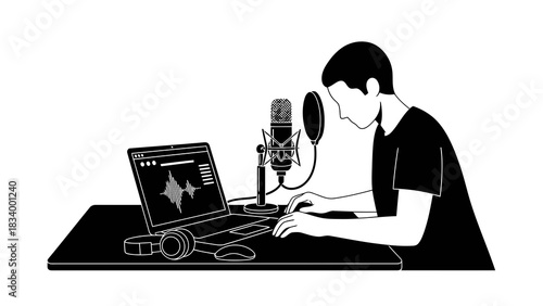 Podcaster recording audio with laptop and microphone