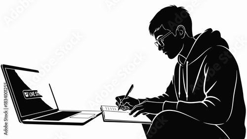 Student watching live stream and taking notes on laptop