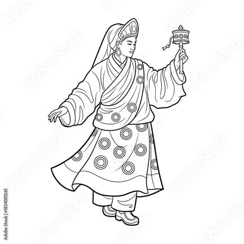 Tibetan Monk Praying With Prayer Wheel in Traditional Dress Religious Practice