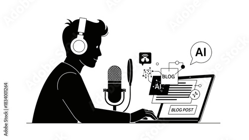 Podcaster creating ai blog content with laptop and microphone