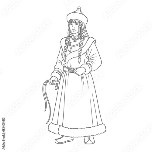 Traditional Mongolian Woman in Winter Clothing Holding a Whip Illustration