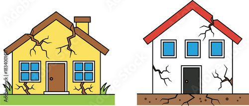 Damaged Houses Illustration Showing Cracked Walls and Foundations After Earthquake Natural Disaster Flat Vector Design