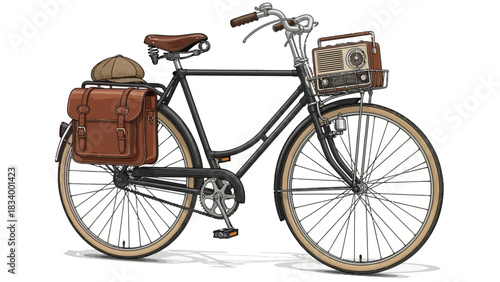 Vintage bicycle with saddlebag and radio