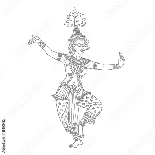 Traditional Thai Dancer in Classical Dance Pose With Ornate Costume and Headdress