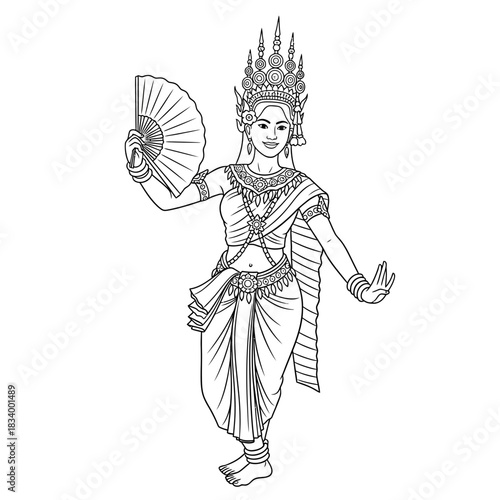 Traditional Thai Dancer Performing With Fan Gesture in Classic Cultural Attire