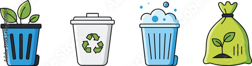 Eco friendly waste and recycling bins vector illustration set showing compost trash and recyclable containers