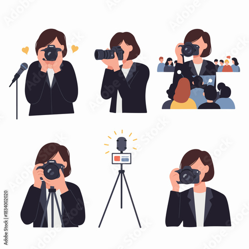 Versatile set of illustrations depicting a female photographer capturing moments, covering events, press conferences, and utilizing professional camera equipment.